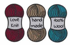Three spools of yarn in playful colors: rich red, soft brown, and bright teal, labeled with charming text.