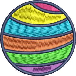 Abstract circular design features vibrant horizontal stripes in yellow, pink, blue, and green textures.