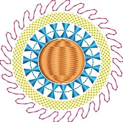 Colorful abstract circular design with an orange center, blue triangles, and yellow trim, ideal for vibrant decor.