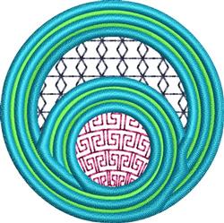 Abstract circular design with vibrant blue circles, a red geometric inner circle, and a black grid background.