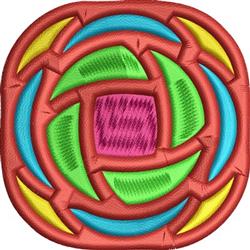 Abstract circular design featuring vibrant concentric circles in red, blue, green, and yellow with a pink center.