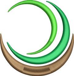 Abstract circular design featuring sleek green and brown curves, creating movement on a white background.