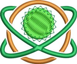Abstract emblem featuring a green circle, dynamic orange loops, and layered patterns in a modern graphic style.