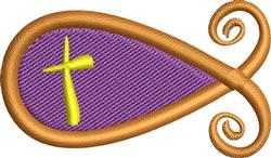 Abstract design with a yellow cross on a rich purple background, accented by golden swirls in a modern style.