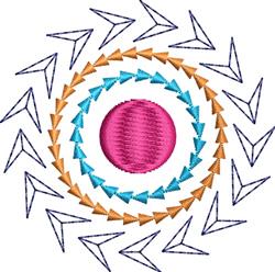 Vibrant abstract design with a pink circle, dynamic orange arrows, and blue shapes in a geometric layout.