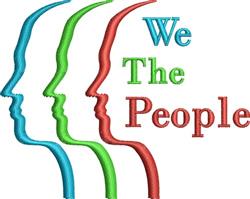 Colorful abstract human profiles with vibrant blue, green, and red outlines featuring playful text 'We The People'.