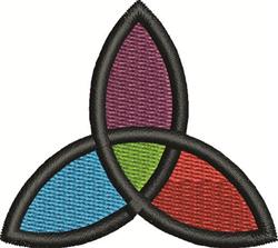 Abstract shape with interlocking segments in purple, blue, green, and red, outlined in black for a clean modern look.