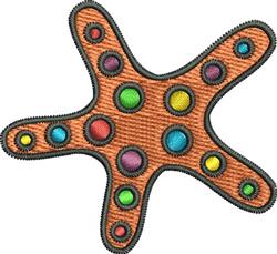 Playful abstract starfish shape in vibrant orange, adorned with colorful dots and a black outline. Perfect for modern decor.