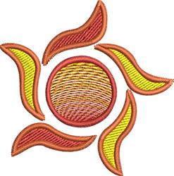 Abstract sun motif in vibrant yellow with swirling red and orange rays, perfect for summer decor.