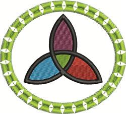 Abstract three-leaf design with red, blue, and purple leaves inside a green circular border, modern and vibrant.