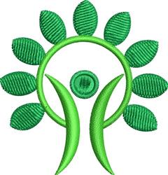 Abstract tree figure in a modern style featuring green leaves and human-like forms, with a circular design.