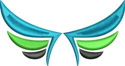 Abstract wing design in vibrant turquoise and green with black accents; features a modern, symmetrical style.