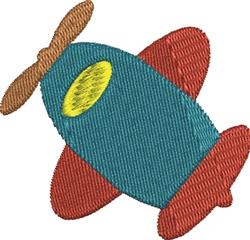 Cartoon airplane with a teal body, red wings, and brown propeller, perfect for playful decor.