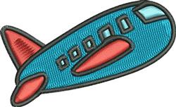 Playful cartoonish airplane with a blue body, red tail, and black outline, ideal for vibrant machine embroidery.
