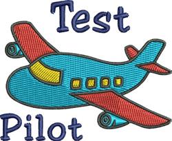 Colorful cartoon airplane with vibrant blue, red, and yellow design, featuring the playful words 'Test Pilot' above.