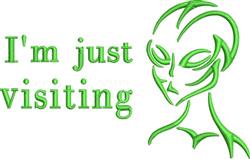 Playful alien figure in vibrant green with exaggerated features and text 'I'm just visiting' in matching color.