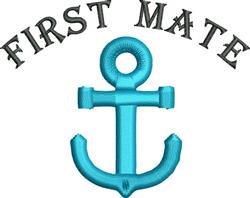 Bold turquoise anchor with 'FIRST MATE' in black above, playful nautical theme, suitable for kitchen towels.
