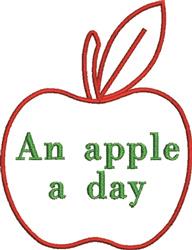 Stylized red apple with a green leaf, featuring 'An apple a day' in playful green text. Minimalist and cheerful design for ki