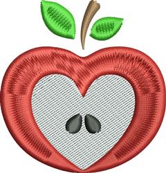 Playful apple heart in vibrant red with a white inner area, green leaves, and a brown stem.