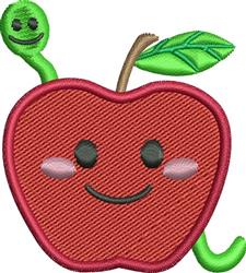 Playful red apple with a smiling face and blush marks, cute green worm peeking out, and green leaf, perfect for children's th