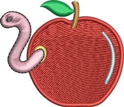 Playful apple with a shiny red surface, a green leaf, and a pink worm peeking out, perfect for kitchen towels.