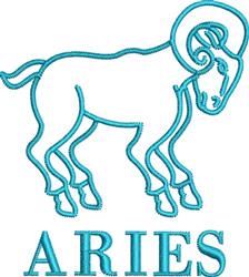 Stylized outline of an Aries ram with curved horns and a dynamic pose, bold text 'ARIES' below in aqua blue.