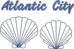 Casual design featuring 'Atlantic City' text in cursive above two blue-stitched shells, perfect for coastal themes.