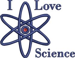 Playful atom symbol in blue with a red nucleus and 'I Love Science' in navy text, perfect for educational themes.