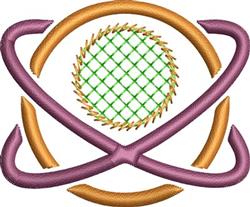 Abstract atom symbol in modern design features colorful purple and orange arcs around a green grid pattern.