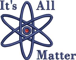 Modern atom design with a playful navy blue symbol and red nucleus, featuring bold text 'It's All Matter'.