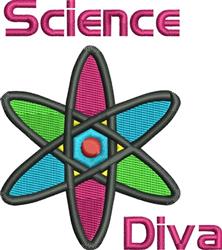 Playful atom symbol in vibrant colors with blue and green components, featuring bold pink 'Science' and 'Diva' text.