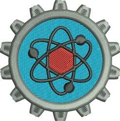 Modern gears with atomic symbol, featuring a red nucleus and black electrons on a glossy blue background.
