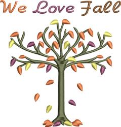 Playful tree adorned with orange, yellow, and purple autumn leaves, featuring 'We Love Fall' text, perfect for cozy seasonal