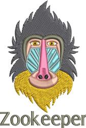 Cartoon baboon face with vibrant colors, large eyes, and prominent snout, featuring the word 'Zookeeper'.