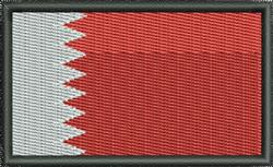 Flag of Bahrain featuring a red background and a white serrated line, designed in a flat geometric style.