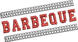 Bold text reading 'BARBEQUE' in vibrant red with a rugged barbed wire border, perfect for summer kitchen decor.