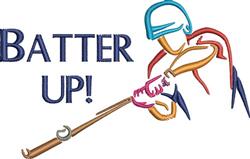 Playful baseball player ready to swing a bat, in vibrant colors with bold lines, featuring 'BATTER UP!' text.