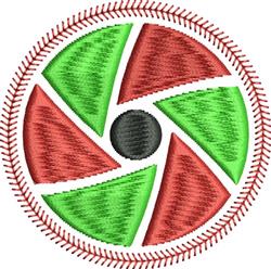 Baseball themed design featuring vibrant circular patterns in green and red, with black center and red baseball stitching.