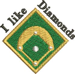 Playful baseball diamond with gold outline, white bases, and 'I like Diamonds' text on a vibrant green background.