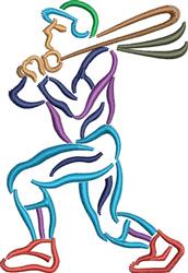 Vibrant line art of a baseball player in a dynamic batting pose with colorful accents in blue, purple, and green.