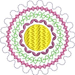 Playful yellow baseball with textured stitches, vibrant green and pink decorative patterns, scalloped edges for summer sports