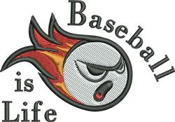 Bold baseball with fierce expression and flamed background, showcasing 'Baseball is Life' text. Perfect for sports themes.