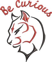 Playful white cat head with a bold black outline and 'Be Curious' in vibrant red for a fun embroidery design.