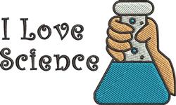 Playful beaker held by a hand, filled with blue liquid and the text 'I Love Science' in vibrant colors. Educational theme.