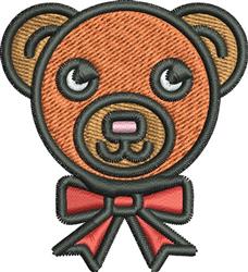Cute bear face in warm colors with a pink nose and large eyes, adorned with a bright red bow.