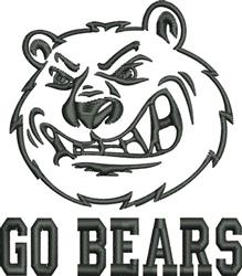 Cartoon bear head with aggressive expression and bold black outline above 'GO BEARS' text. Standard design.