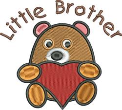 Cartoon bear with brown fur holding a red heart, featuring playful 'Little Brother' text above.