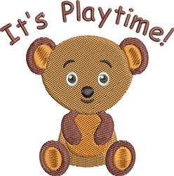 Playful cartoonish bear with friendly expression in brown, surrounded by 'It's Playtime!' text, perfect for kids' items.