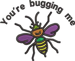Cartoon bee with a cheerful expression in vibrant purple, green, and yellow, topped with fun 'You're bugging me' text.