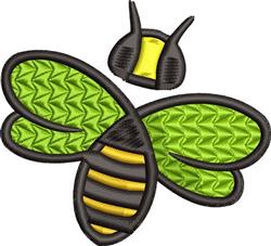 Cartoon bee with green wings and a black body featuring yellow stripes, vibrant and playful design.